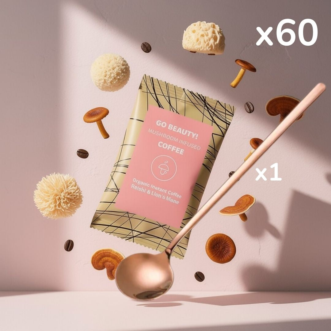 60x Go Beauty – organická instantní káva s lví hřívou a reishi + Lyžička