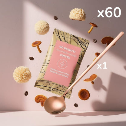 60x Go Beauty – organická instantní káva s lví hřívou a reishi + Lyžička